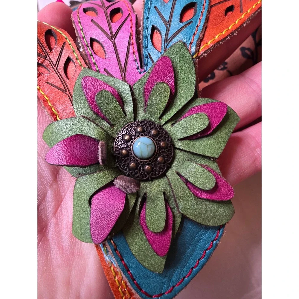 Spring‎ Step LArtiste Leather Floral Slide Sandals Block Heel Women size 40 F1